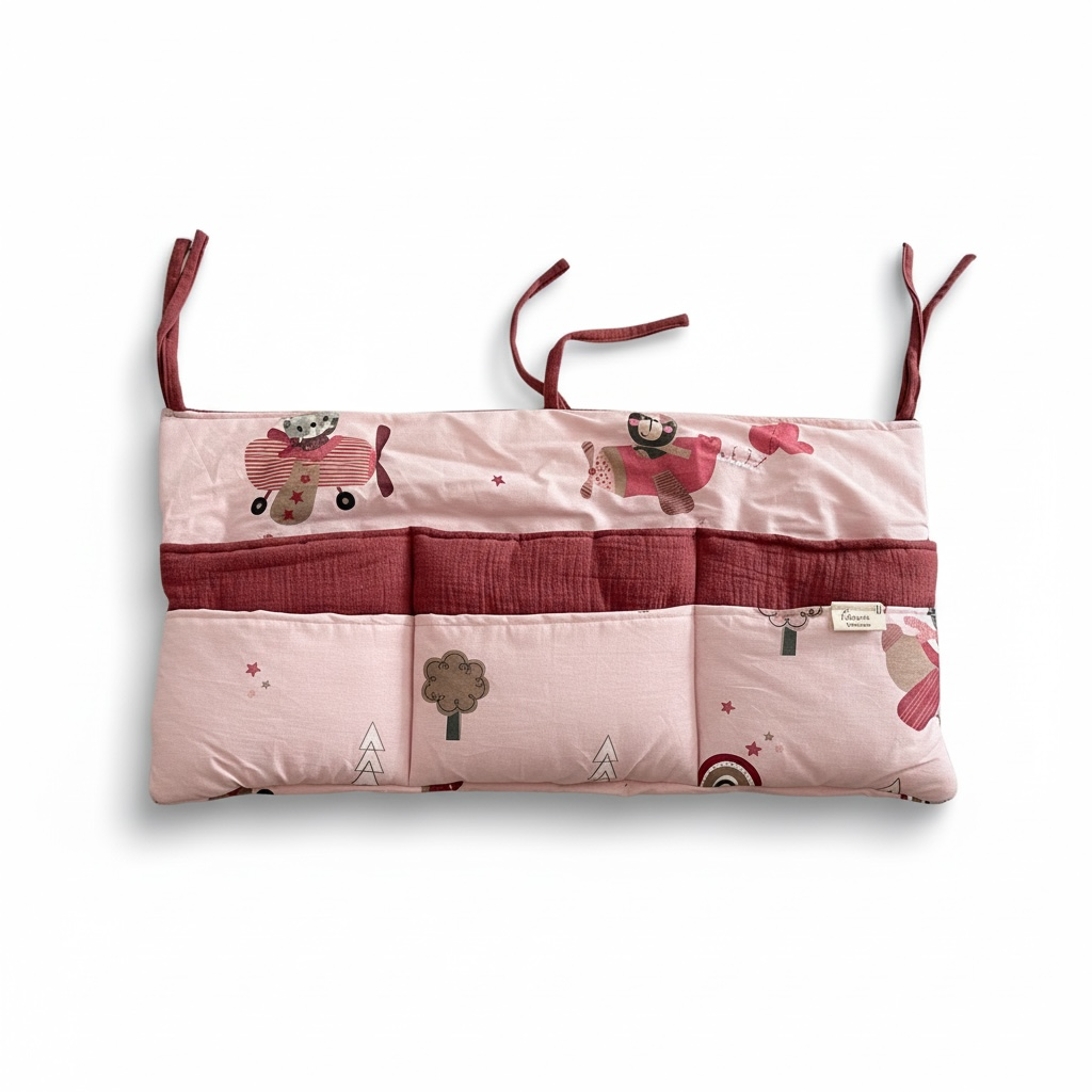 Pink airplane baby cot organiser, nursery storage pockets for nappies, wipes and baby essentials