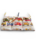 Baby cot organiser with train print, hanging nursery storage with multiple pockets for nappies, wipes and baby essentials
