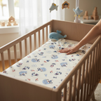 Baby crib with patterned cotton sleeping bag showing nursery setup and soft bedding