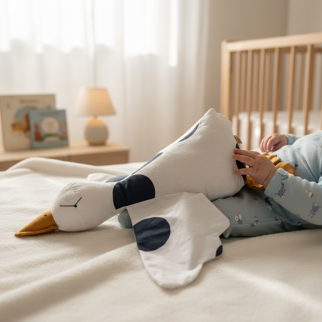 Baby holding plush goose comforter toy on soft bed in neutral nursery
