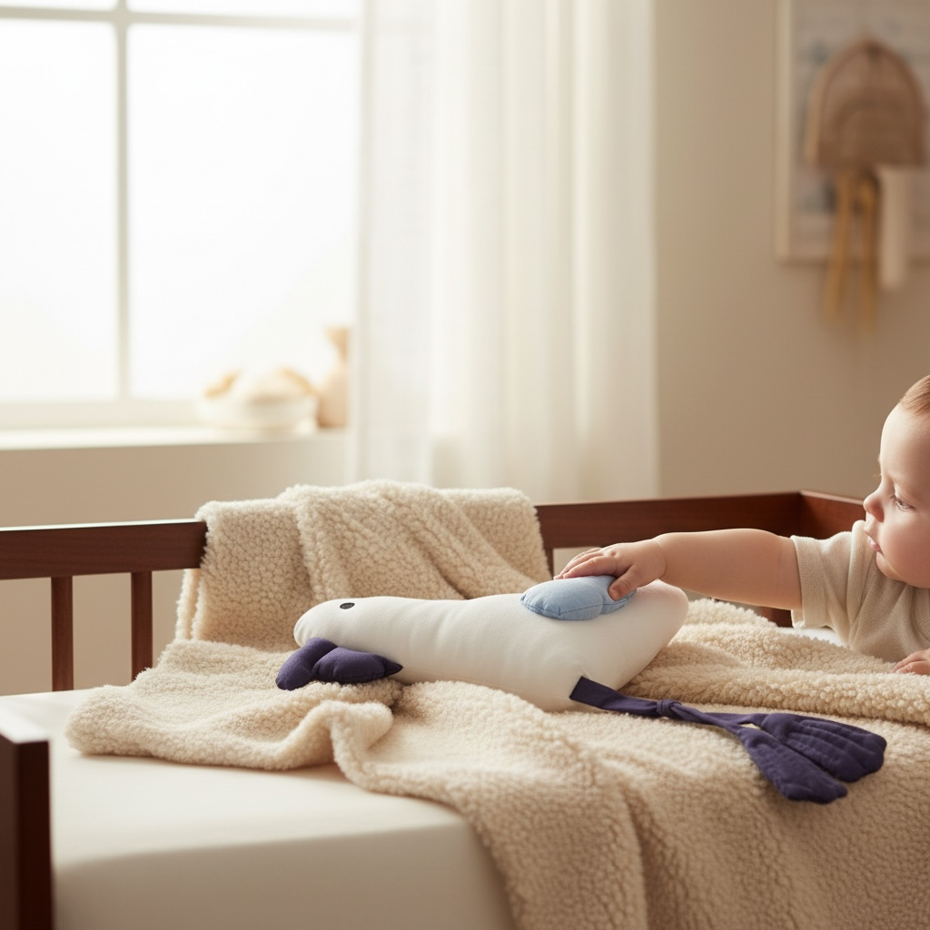 Baby playing with pelican plush toy with dangly legs in soft neutral nursery setting