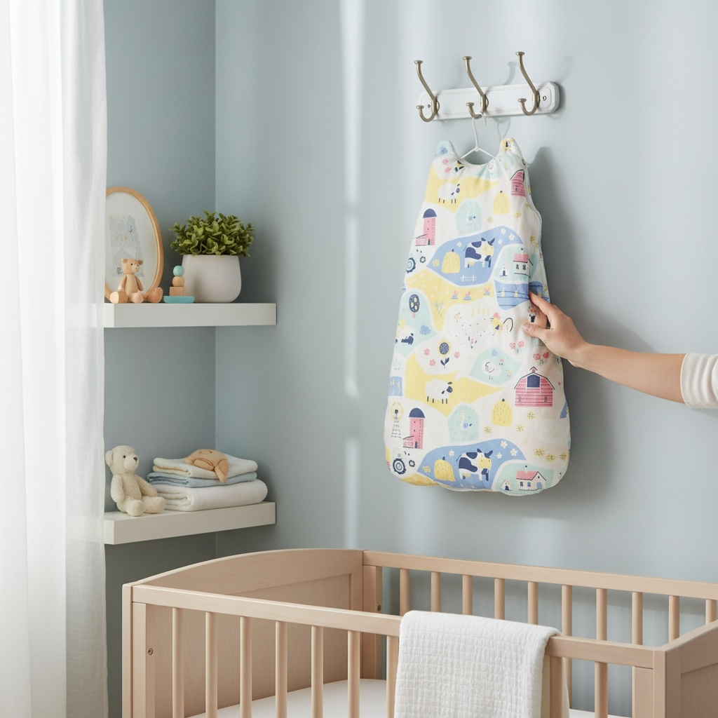 cotton baby sleep sack hanging on wall in nursery crib room warm winter baby sleepwear