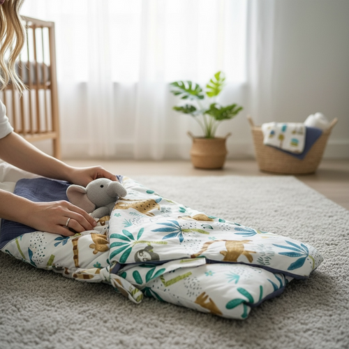 Newborn baby swaddled in soft cotton muslin blanket in nursery, breathable baby wrap for sleep, comfort and security