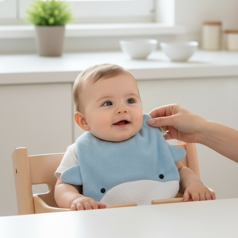 Baby wearing blue cotton towelling bib during feeding absorbent newborn baby bib high chair mealtime