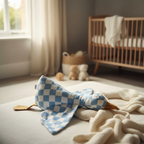 Blue checkered plush goose comforter toy on soft blanket in neutral baby nursery