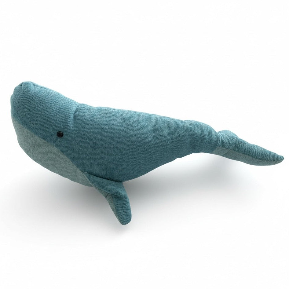 Soft blue whale baby comforter plush toy on white background
