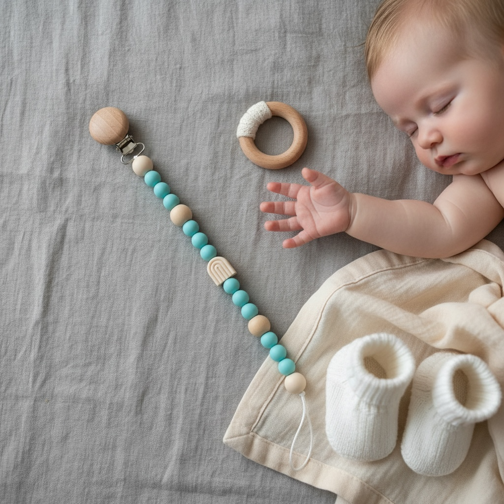 A baby pacifier clip with wooden beads in mint green, light blue, and natural wood, shown next to a sleeping baby on a gray linen blanket with a wooden teether and white booties.
