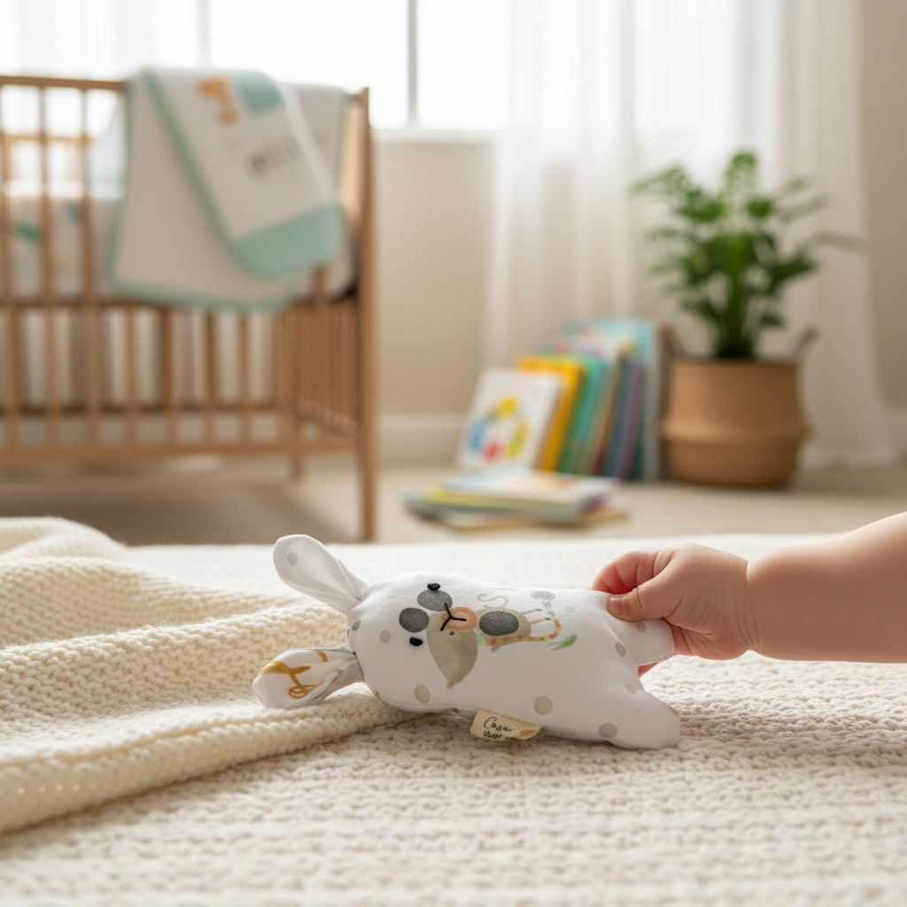 Baby holding soft bunny baby rattle sensory toy for newborn playtime and development