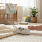 Baby holding soft bunny baby rattle sensory toy for newborn playtime and development