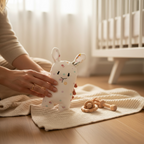 Adult holding soft bunny baby rattle sensory toy in neutral nursery setting for newborn playtime
