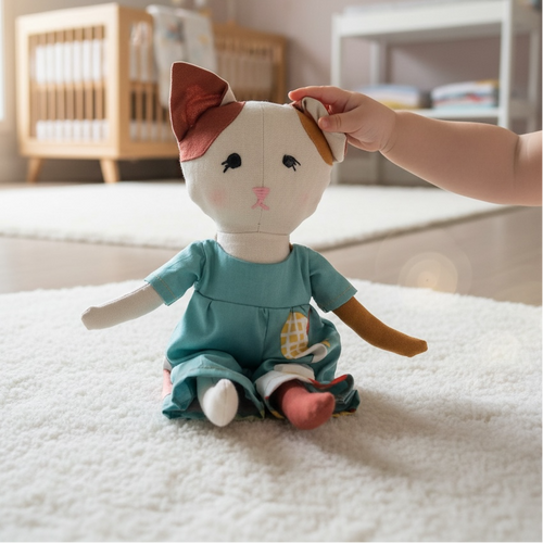 Soft cat heirloom doll in green outfit sitting on nursery rug with baby hand touching ear
