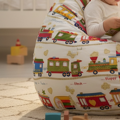 Close-up of cotton fabric and stitching on kids' bean bag chair with train print