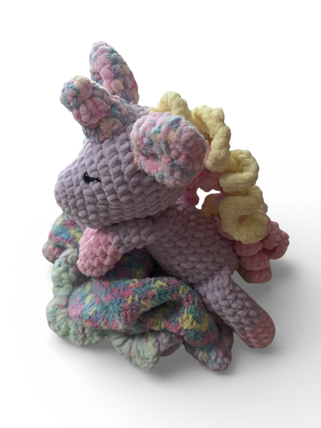 Crochet unicorn baby comforter blanket with soft pastel lovey toy