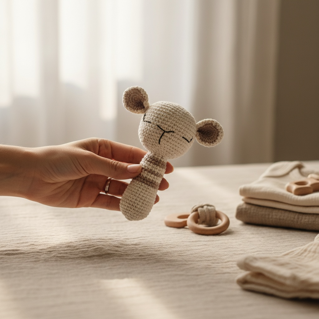 Hand holding crocheted lamb baby rattle toy close up in neutral nursery