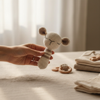 Hand holding crocheted lamb baby rattle toy close up in neutral nursery