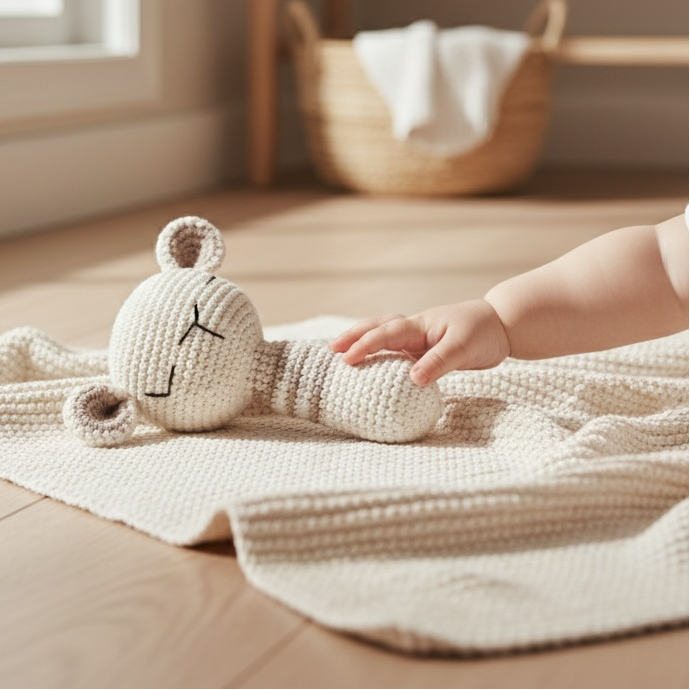 Baby holding crocheted lamb rattle toy on soft blanket in neutral nursery