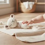 Baby holding crocheted lamb rattle toy on soft blanket in neutral nursery