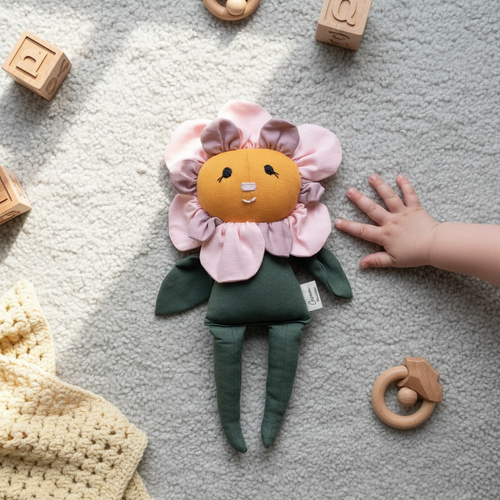 Soft flower plush doll with smiling face on neutral nursery rug with baby hand and wooden toys
