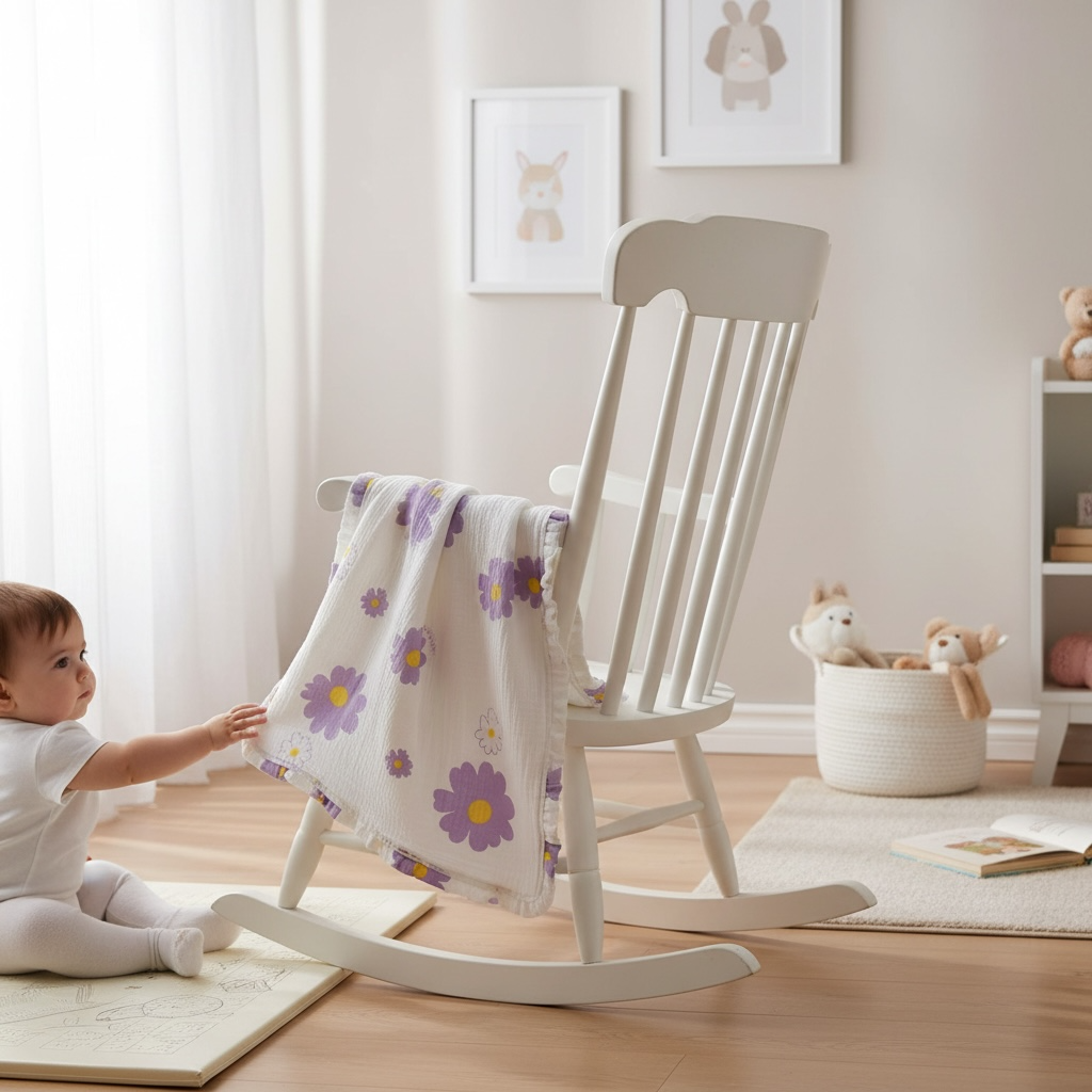 Floral muslin baby blanket made from bamboo cotton with purple flowers in a nursery setting.