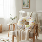 Floral nursing pillow on chair in neutral nursery for breastfeeding and baby support