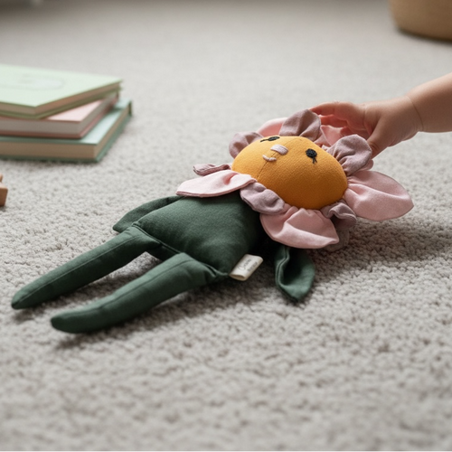 freya flower baby comforter soft toy with soft petals and plush body on nursery carpet