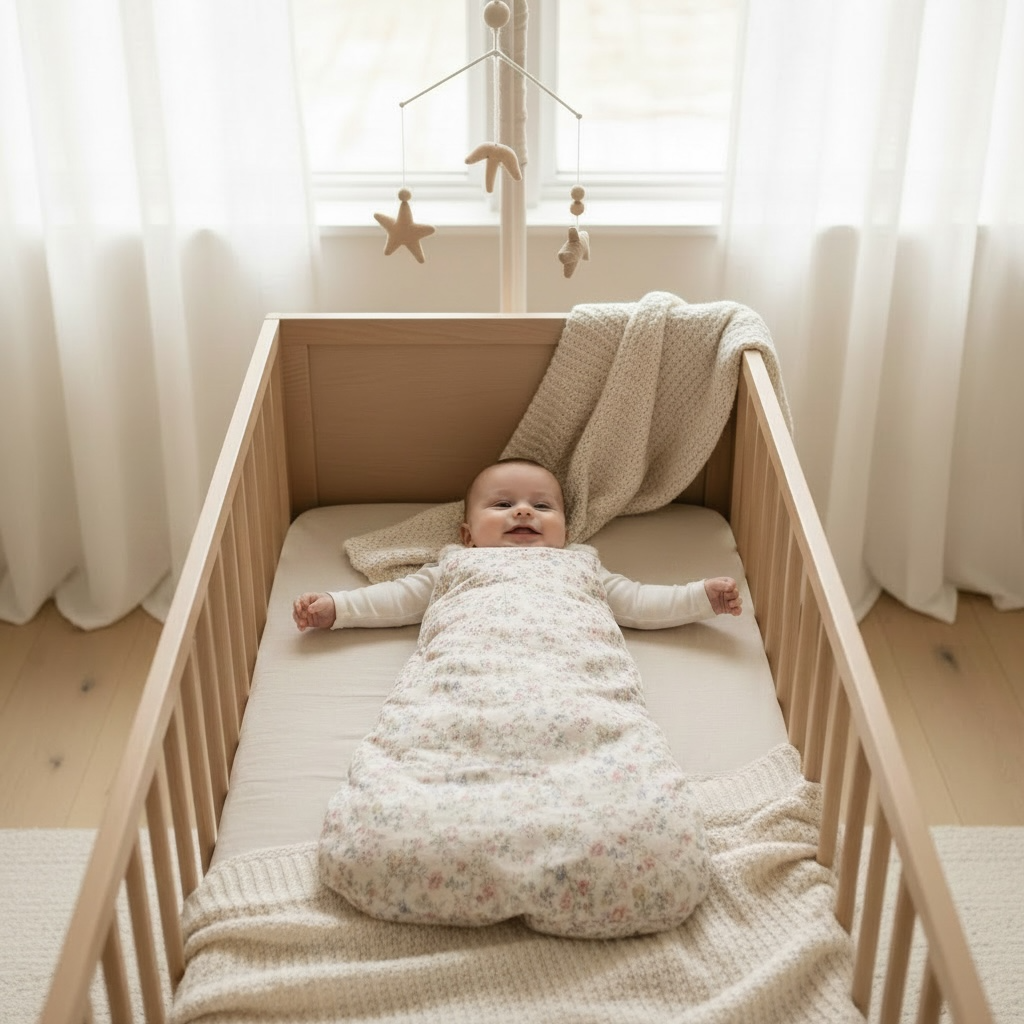baby in a cot, wearing a floral sleep sack 
