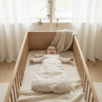 baby in a cot, wearing a floral sleep sack 