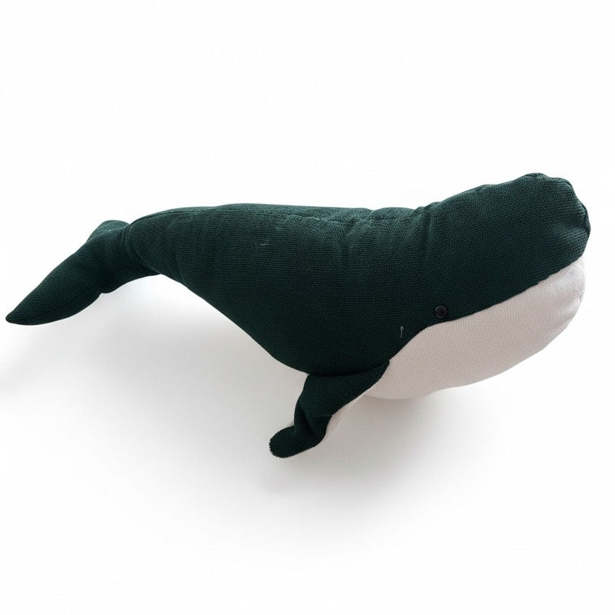 Green and white whale baby comforter plush toy on white background