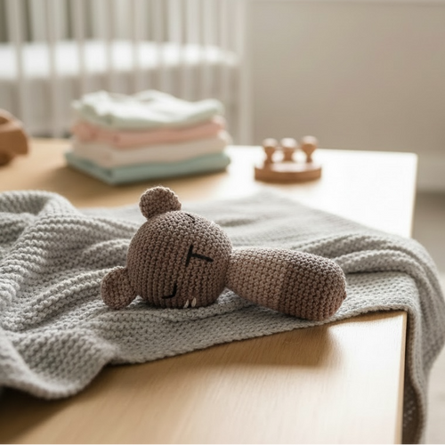 Knitted teddy bear baby comfort toy on blanket in neutral nursery setting