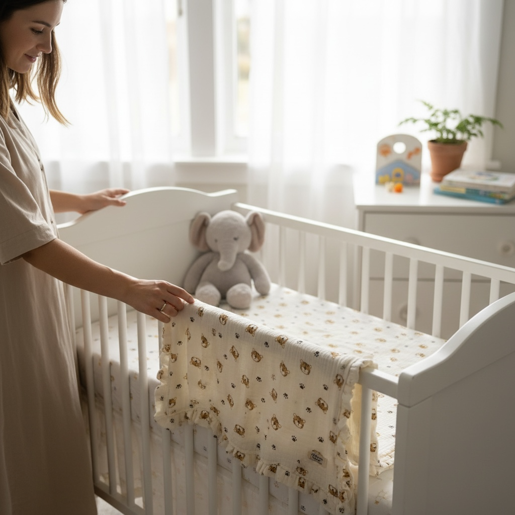 Leopard print muslin baby blanket made from bamboo cotton draped over a nursery crib.