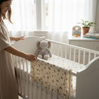 Leopard print muslin baby blanket made from bamboo cotton draped over a nursery crib.