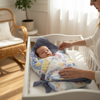 Mother adjusting newborn baby swaddle blanket in crib, soft breathable wrap in cozy nursery