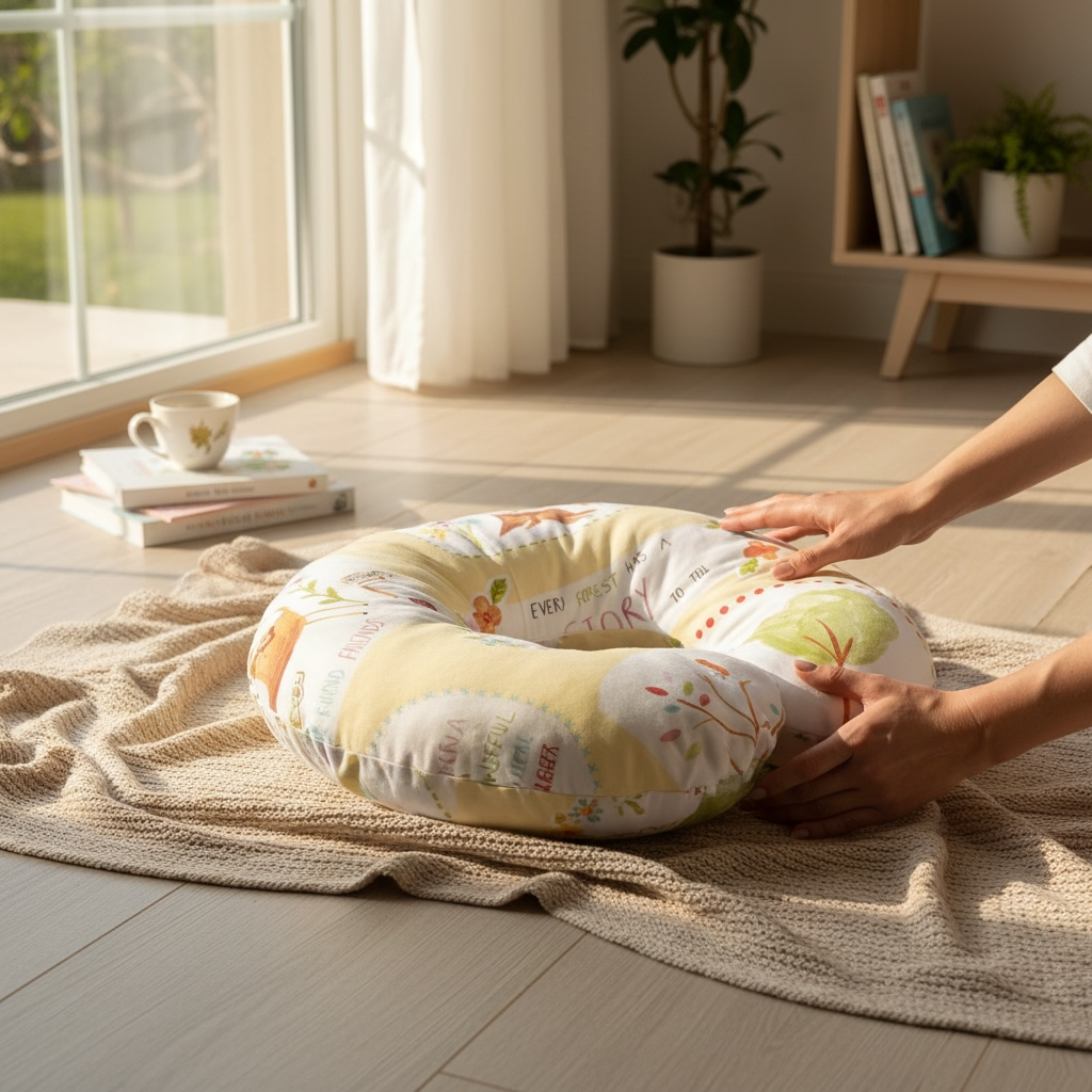 Multi-use nursing pillow for breastfeeding, tummy time and baby support on floor with soft blanket
