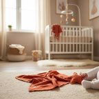 Muslin star baby comforter in rust colour used as a soft security blanket in a neutral nursery