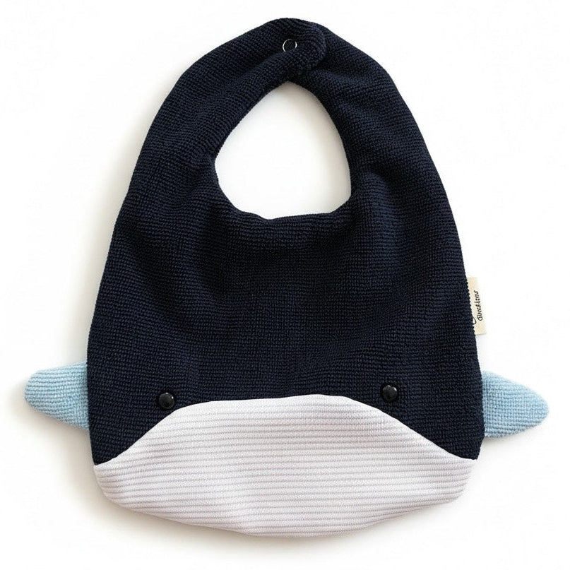 Navy blue cotton towelling baby bib absorbent feeding bib with snap closure on white background