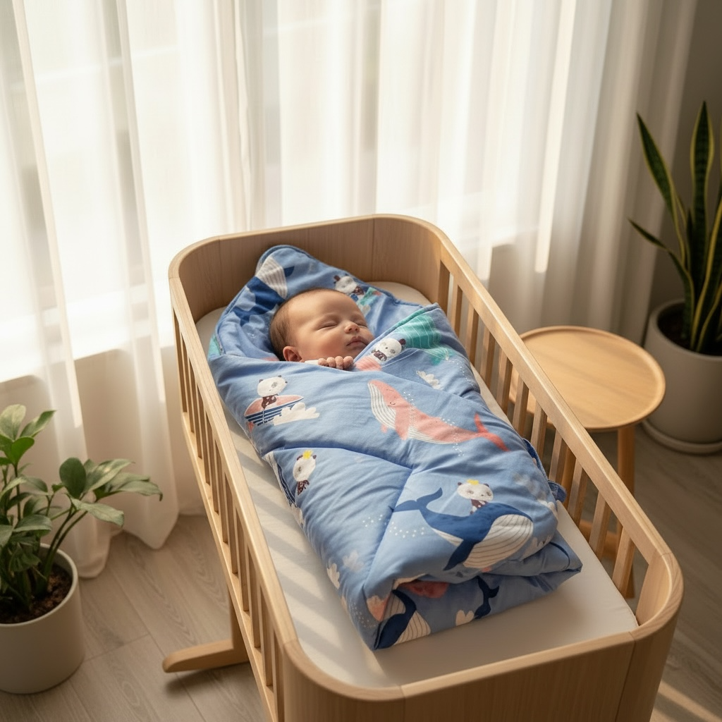 Newborn baby swaddled in blue blanket sleeping in wooden bassinet with soft natural light nursery