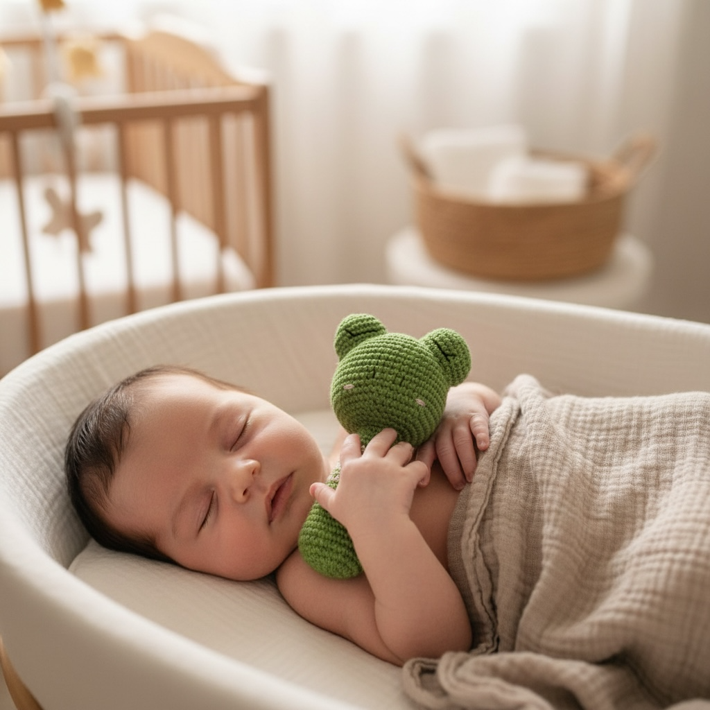 Newborn sleeping holding crocheted frog baby rattle toy in neutral nursery crib