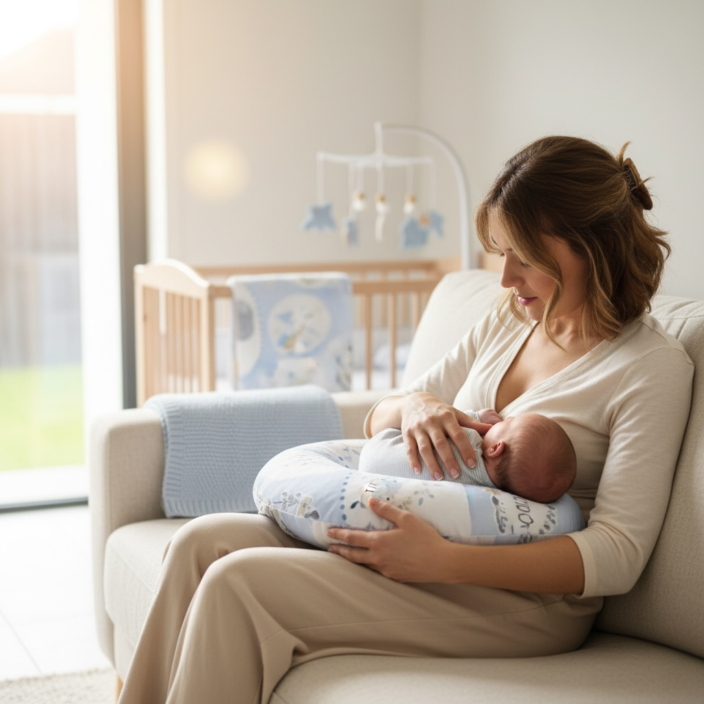 Mother breastfeeding baby using nursing pillow for support and comfort on sofa