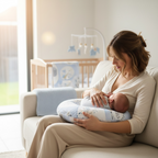 Mother breastfeeding baby using nursing pillow for support and comfort on sofa