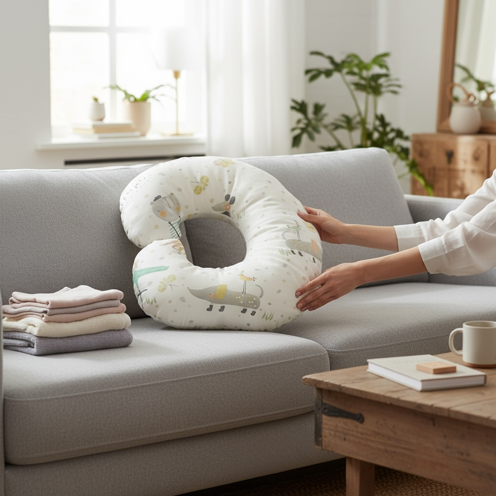 Nursing pillow for breastfeeding and baby support placed on sofa in modern home