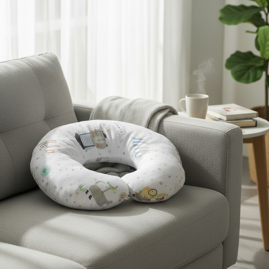 Nursing pillow for breastfeeding and baby support on sofa in cozy home setting