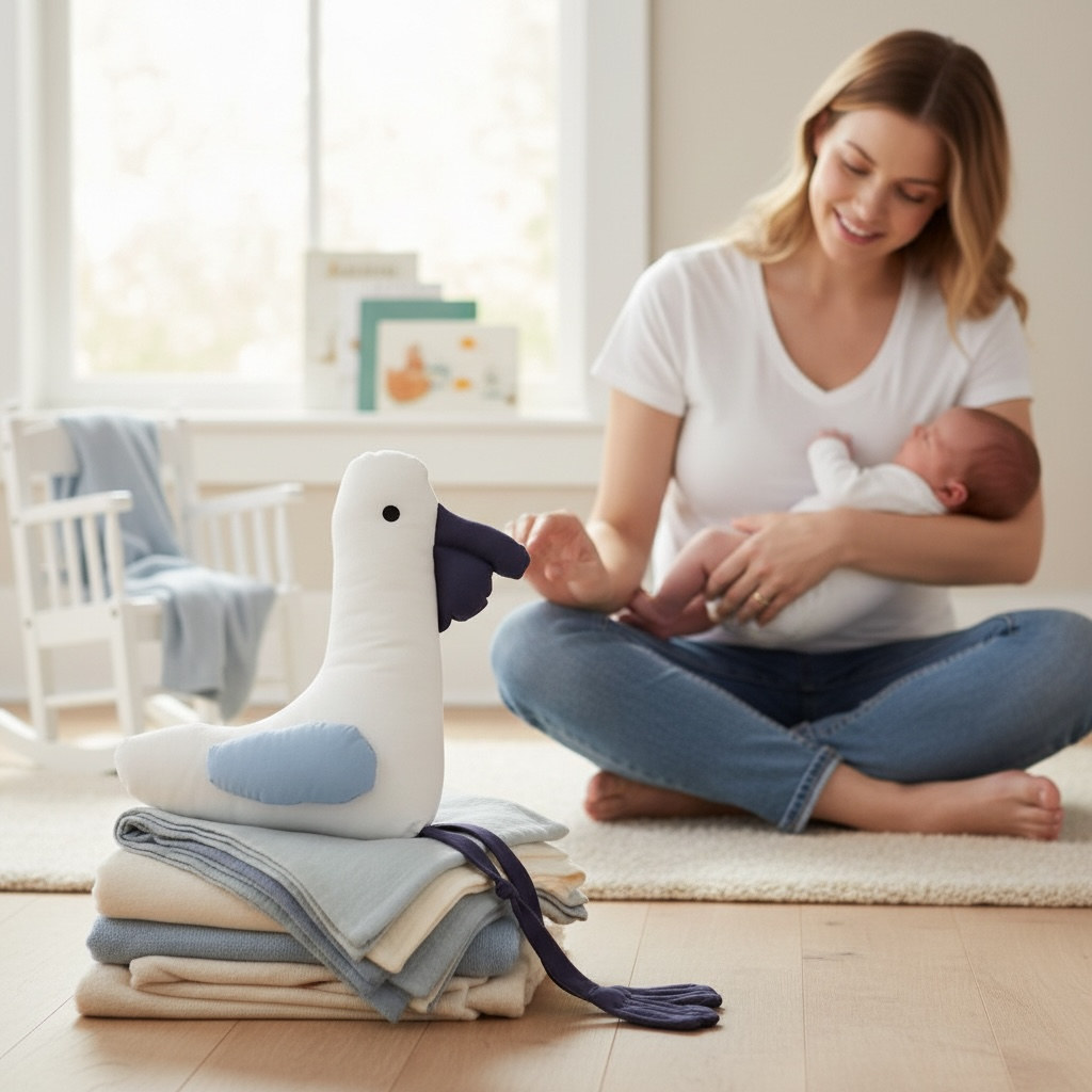 Pelican baby plush toy with dangly legs styled in neutral nursery with mother and newborn