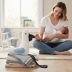 Pelican baby plush toy with dangly legs styled in neutral nursery with mother and newborn
