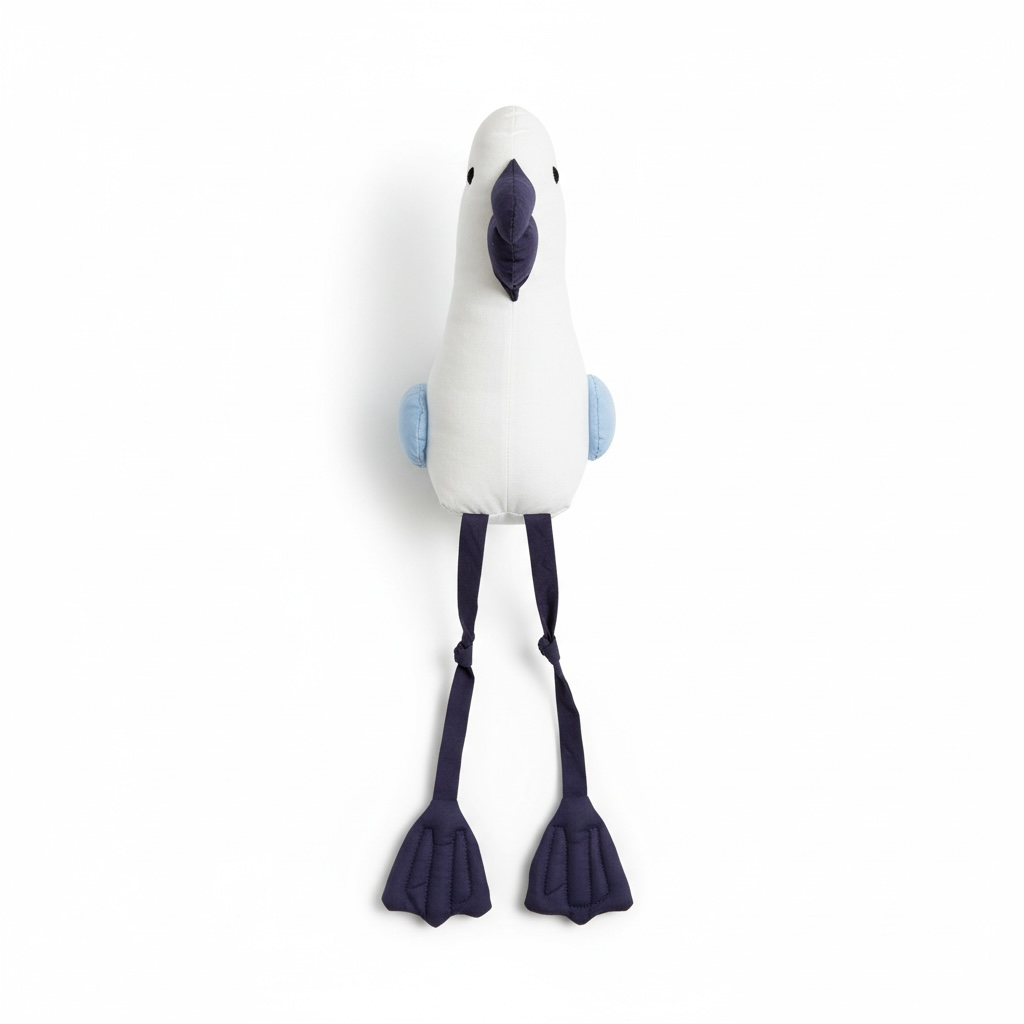 Pelican baby plush toy with long dangly legs full length on white background