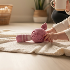 Baby playing with pink crocheted rattle toy on blanket in cozy nursery setting