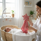 Pink muslin star baby comforter used as a soft security blanket for newborn in nursery