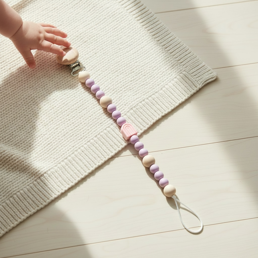 A baby pacifier clip with pastel wooden beads in lavender, cream, and pink, featuring a pink silicone shield and a white loop strap, shown on a light wood floor next to a cream knit blanket with a baby's hand reaching in.