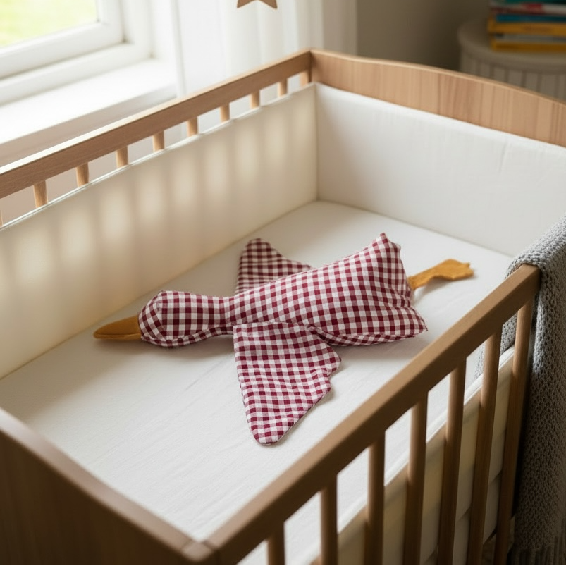 Baby crib with soft plush goose comforter toy in a warm neutral nursery setting