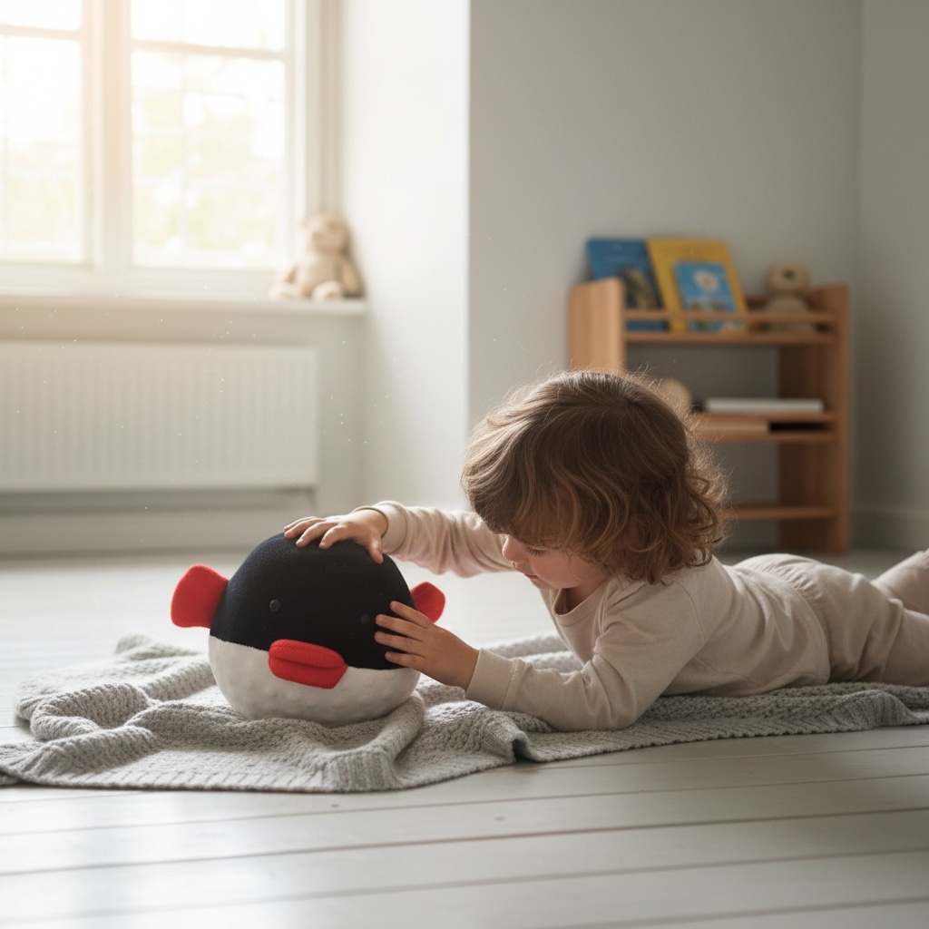 Baby playing with puffer fish plush toy on floor, soft ocean stuffed animal for kids