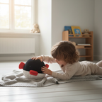 Baby playing with puffer fish plush toy on floor, soft ocean stuffed animal for kids